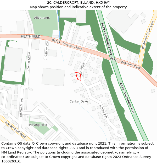 20, CALDERCROFT, ELLAND, HX5 9AY: Location map and indicative extent of plot
