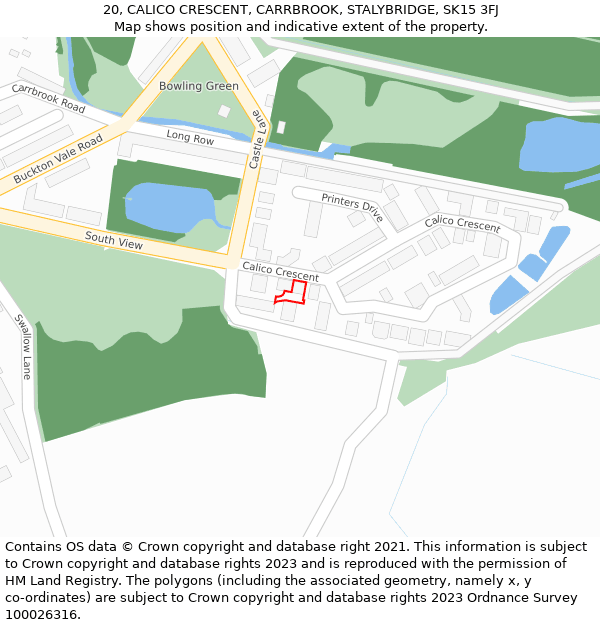 20, CALICO CRESCENT, CARRBROOK, STALYBRIDGE, SK15 3FJ: Location map and indicative extent of plot