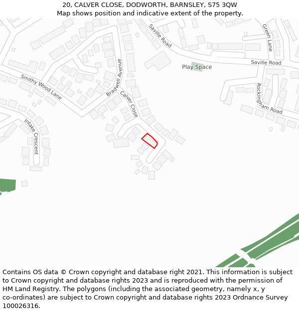 20, CALVER CLOSE, DODWORTH, BARNSLEY, S75 3QW: Location map and indicative extent of plot