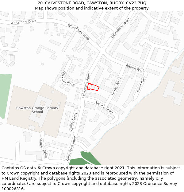 20, CALVESTONE ROAD, CAWSTON, RUGBY, CV22 7UQ: Location map and indicative extent of plot