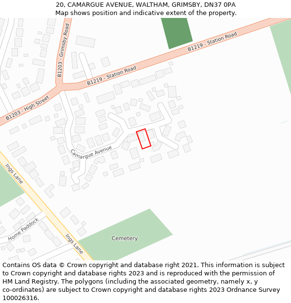 20, CAMARGUE AVENUE, WALTHAM, GRIMSBY, DN37 0PA: Location map and indicative extent of plot