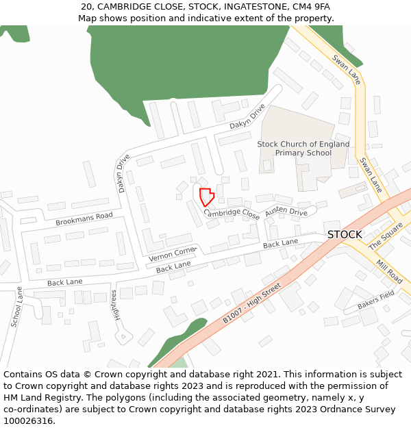 20, CAMBRIDGE CLOSE, STOCK, INGATESTONE, CM4 9FA: Location map and indicative extent of plot