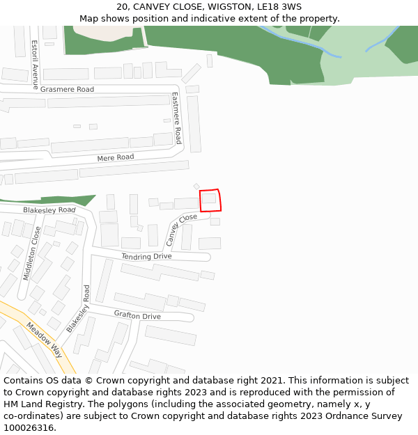 20, CANVEY CLOSE, WIGSTON, LE18 3WS: Location map and indicative extent of plot