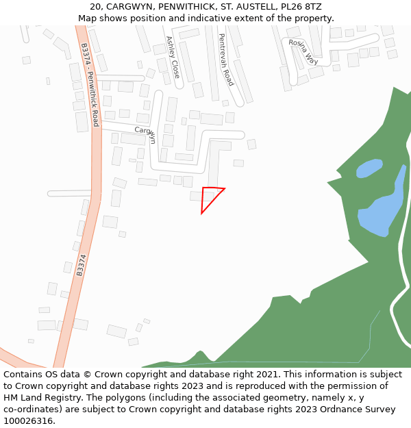 20, CARGWYN, PENWITHICK, ST. AUSTELL, PL26 8TZ: Location map and indicative extent of plot