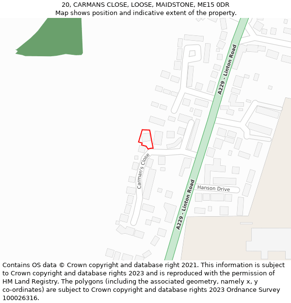 20, CARMANS CLOSE, LOOSE, MAIDSTONE, ME15 0DR: Location map and indicative extent of plot