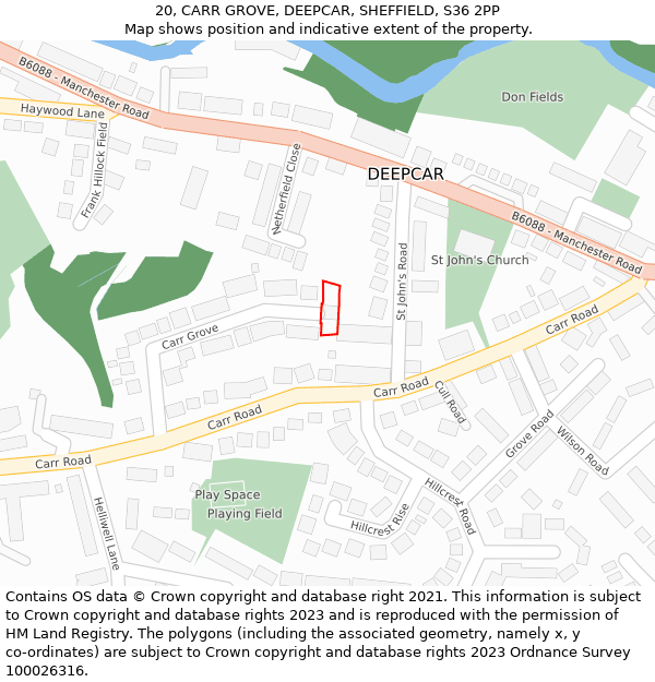 20, CARR GROVE, DEEPCAR, SHEFFIELD, S36 2PP: Location map and indicative extent of plot