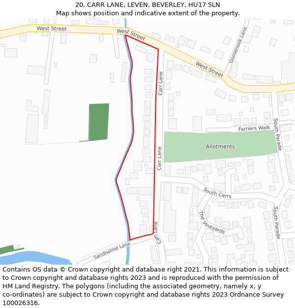 20, CARR LANE, LEVEN, BEVERLEY, HU17 5LN: Location map and indicative extent of plot