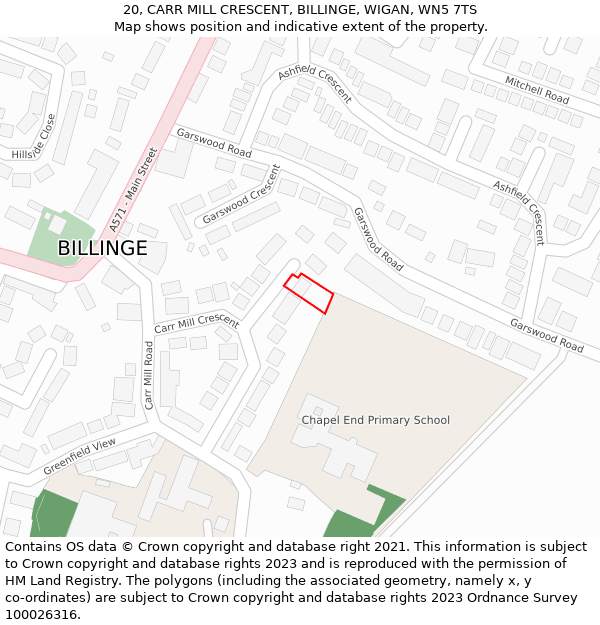20, CARR MILL CRESCENT, BILLINGE, WIGAN, WN5 7TS: Location map and indicative extent of plot