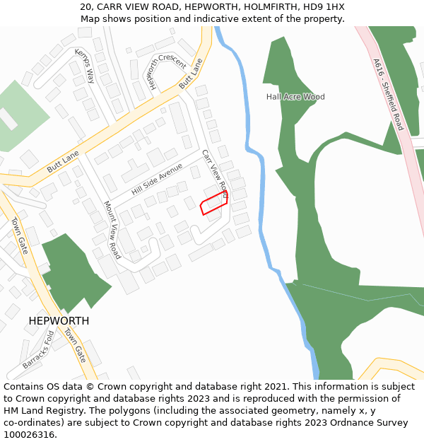 20, CARR VIEW ROAD, HEPWORTH, HOLMFIRTH, HD9 1HX: Location map and indicative extent of plot