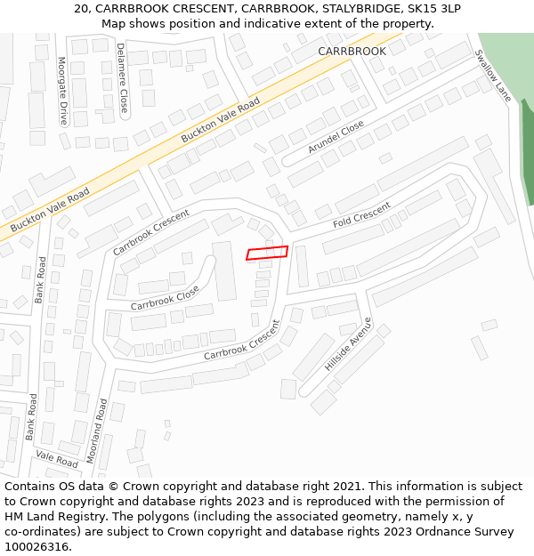 20, CARRBROOK CRESCENT, CARRBROOK, STALYBRIDGE, SK15 3LP: Location map and indicative extent of plot