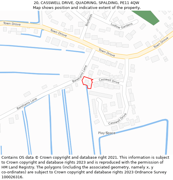 20, CASSWELL DRIVE, QUADRING, SPALDING, PE11 4QW: Location map and indicative extent of plot