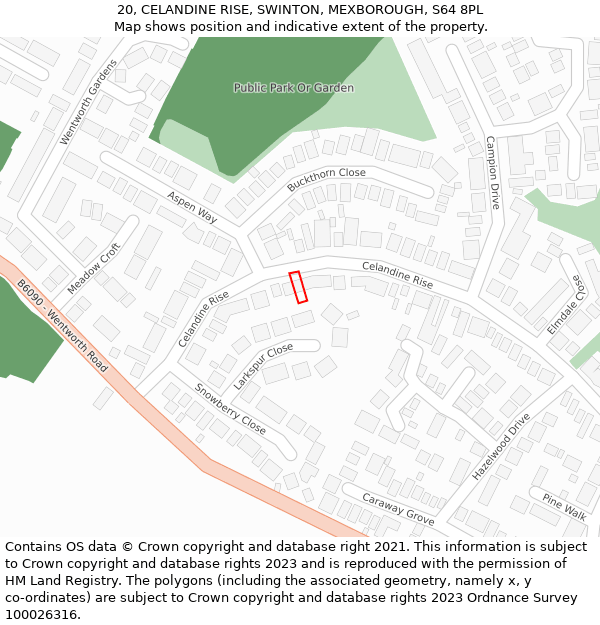 20, CELANDINE RISE, SWINTON, MEXBOROUGH, S64 8PL: Location map and indicative extent of plot