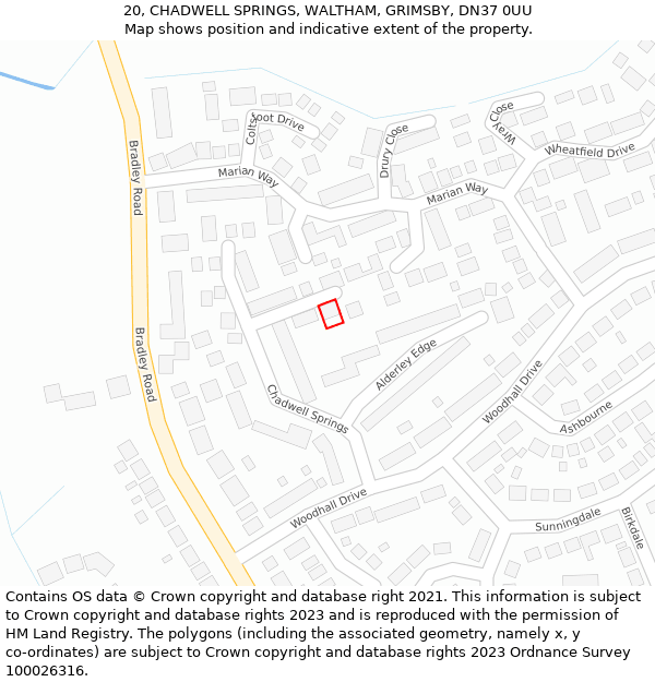 20, CHADWELL SPRINGS, WALTHAM, GRIMSBY, DN37 0UU: Location map and indicative extent of plot