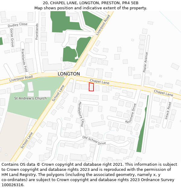 20, CHAPEL LANE, LONGTON, PRESTON, PR4 5EB: Location map and indicative extent of plot