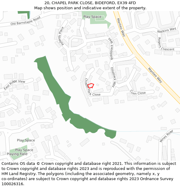 20, CHAPEL PARK CLOSE, BIDEFORD, EX39 4FD: Location map and indicative extent of plot