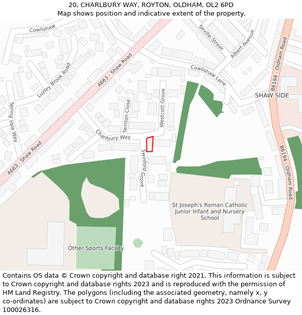 20, CHARLBURY WAY, ROYTON, OLDHAM, OL2 6PD: Location map and indicative extent of plot