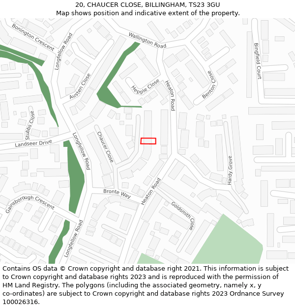 20, CHAUCER CLOSE, BILLINGHAM, TS23 3GU: Location map and indicative extent of plot