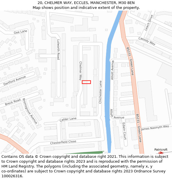 20, CHELMER WAY, ECCLES, MANCHESTER, M30 8EN: Location map and indicative extent of plot