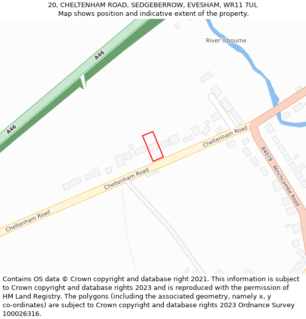 20, CHELTENHAM ROAD, SEDGEBERROW, EVESHAM, WR11 7UL: Location map and indicative extent of plot