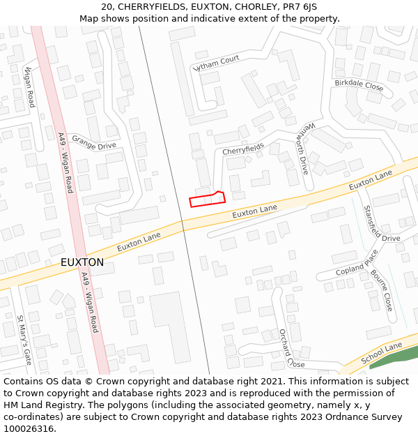 20, CHERRYFIELDS, EUXTON, CHORLEY, PR7 6JS: Location map and indicative extent of plot