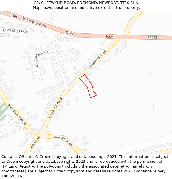 20, CHETWYND ROAD, EDGMOND, NEWPORT, TF10 8HN: Location map and indicative extent of plot