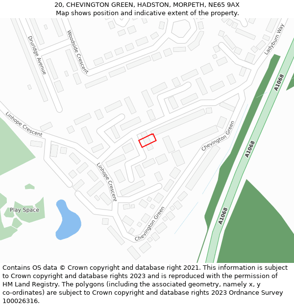 20, CHEVINGTON GREEN, HADSTON, MORPETH, NE65 9AX: Location map and indicative extent of plot