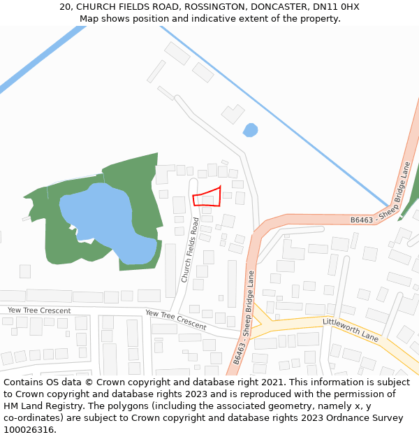 20, CHURCH FIELDS ROAD, ROSSINGTON, DONCASTER, DN11 0HX: Location map and indicative extent of plot