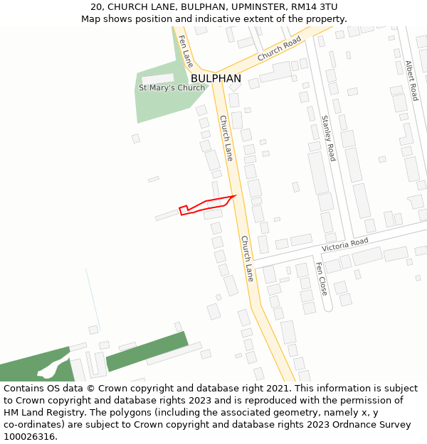 20, CHURCH LANE, BULPHAN, UPMINSTER, RM14 3TU: Location map and indicative extent of plot