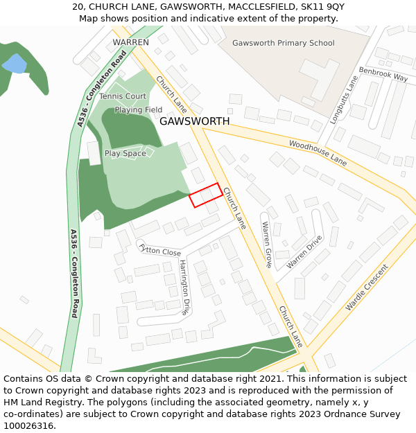 20, CHURCH LANE, GAWSWORTH, MACCLESFIELD, SK11 9QY: Location map and indicative extent of plot