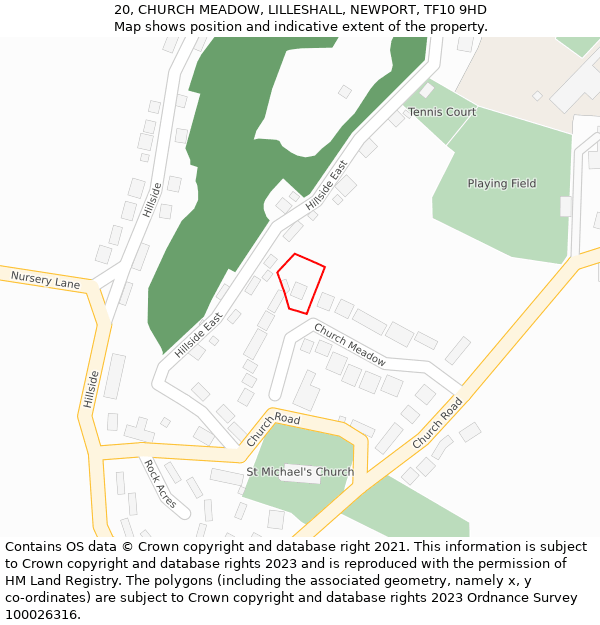 20, CHURCH MEADOW, LILLESHALL, NEWPORT, TF10 9HD: Location map and indicative extent of plot