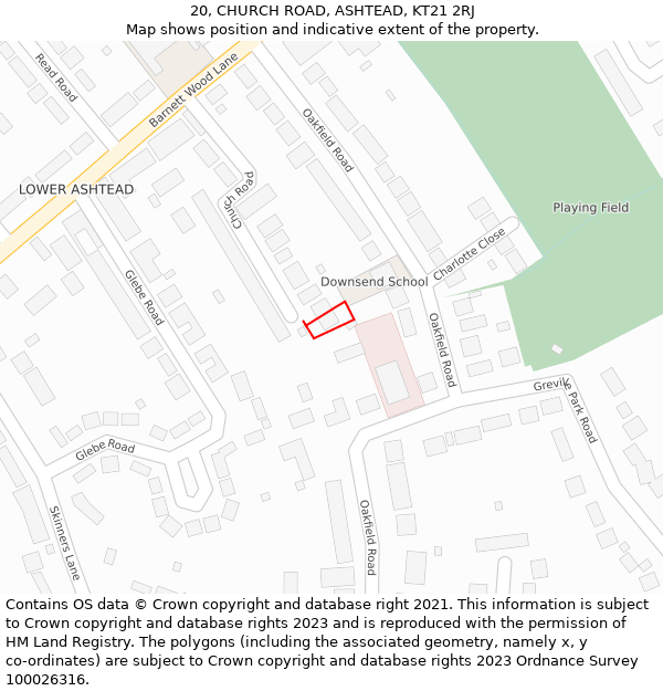 20, CHURCH ROAD, ASHTEAD, KT21 2RJ: Location map and indicative extent of plot