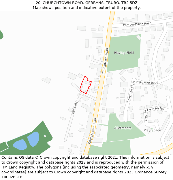 20, CHURCHTOWN ROAD, GERRANS, TRURO, TR2 5DZ: Location map and indicative extent of plot