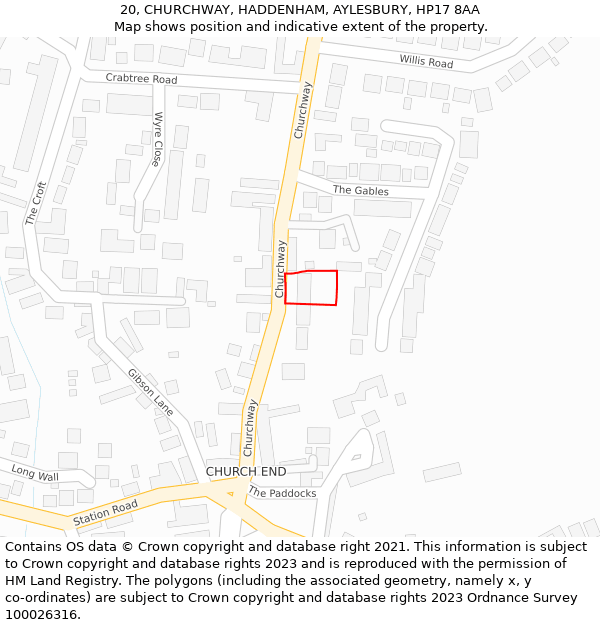 20, CHURCHWAY, HADDENHAM, AYLESBURY, HP17 8AA: Location map and indicative extent of plot