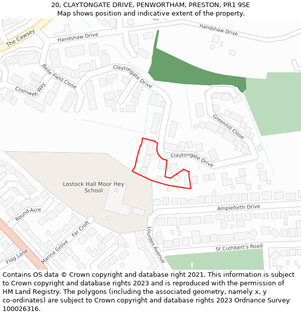 20, CLAYTONGATE DRIVE, PENWORTHAM, PRESTON, PR1 9SE: Location map and indicative extent of plot