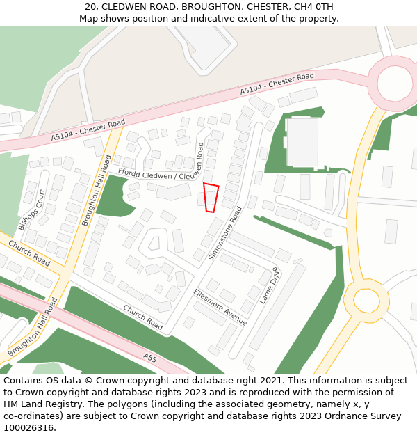 20, CLEDWEN ROAD, BROUGHTON, CHESTER, CH4 0TH: Location map and indicative extent of plot