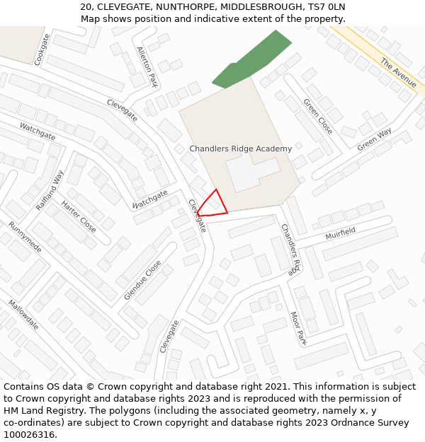 20, CLEVEGATE, NUNTHORPE, MIDDLESBROUGH, TS7 0LN: Location map and indicative extent of plot