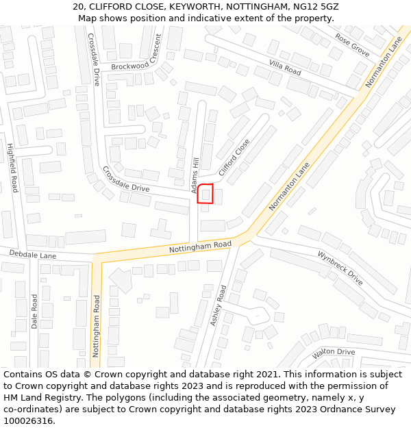 20, CLIFFORD CLOSE, KEYWORTH, NOTTINGHAM, NG12 5GZ: Location map and indicative extent of plot