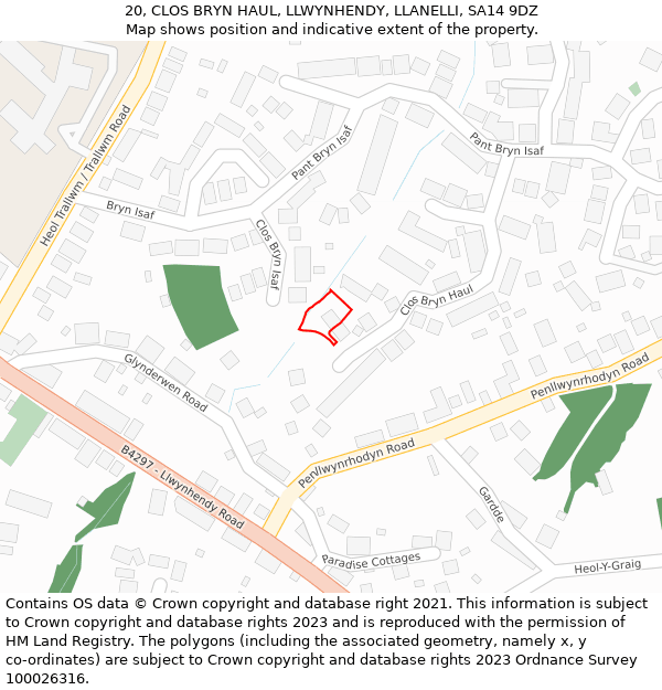 20, CLOS BRYN HAUL, LLWYNHENDY, LLANELLI, SA14 9DZ: Location map and indicative extent of plot