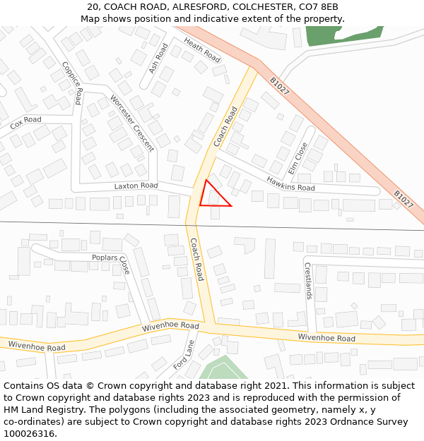 20, COACH ROAD, ALRESFORD, COLCHESTER, CO7 8EB: Location map and indicative extent of plot