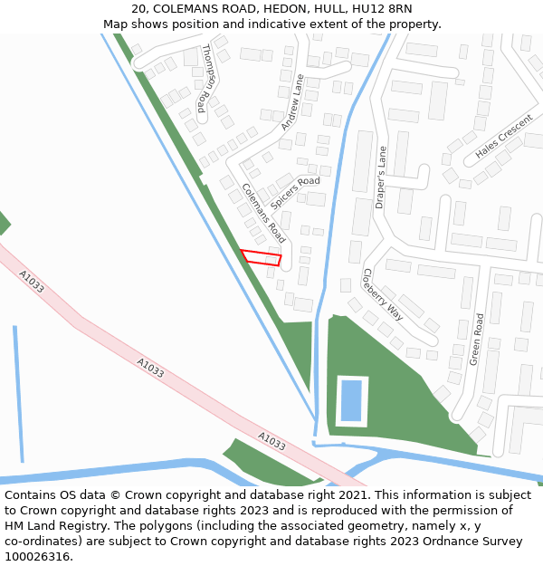 20, COLEMANS ROAD, HEDON, HULL, HU12 8RN: Location map and indicative extent of plot