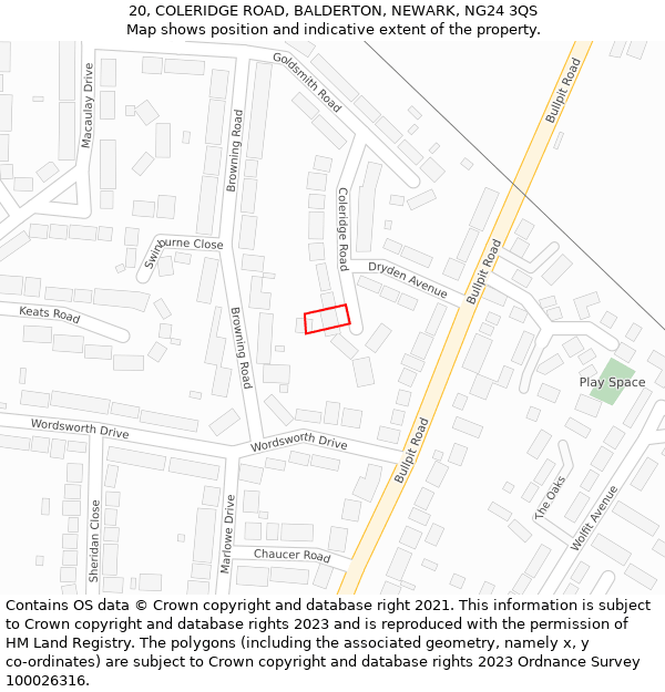 20, COLERIDGE ROAD, BALDERTON, NEWARK, NG24 3QS: Location map and indicative extent of plot