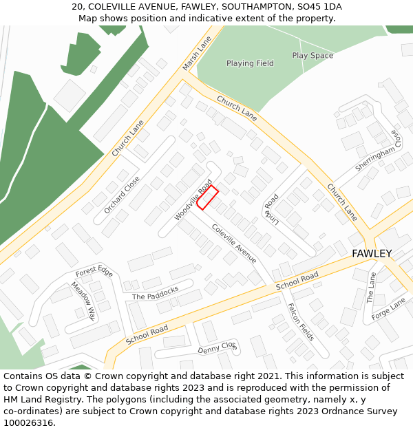 20, COLEVILLE AVENUE, FAWLEY, SOUTHAMPTON, SO45 1DA: Location map and indicative extent of plot