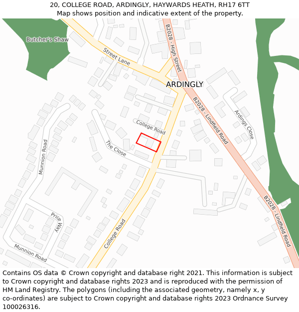 20, COLLEGE ROAD, ARDINGLY, HAYWARDS HEATH, RH17 6TT: Location map and indicative extent of plot