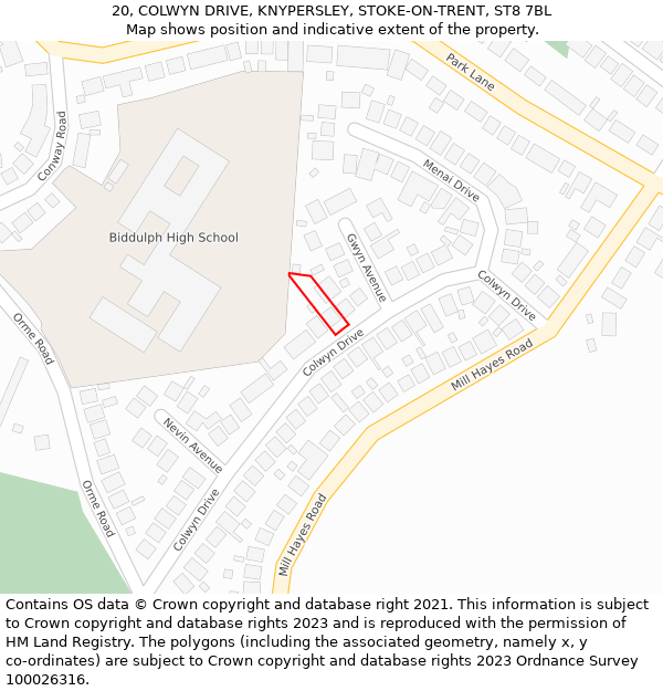 20, COLWYN DRIVE, KNYPERSLEY, STOKE-ON-TRENT, ST8 7BL: Location map and indicative extent of plot