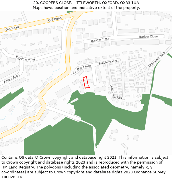 20, COOPERS CLOSE, LITTLEWORTH, OXFORD, OX33 1UA: Location map and indicative extent of plot