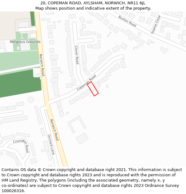 20, COPEMAN ROAD, AYLSHAM, NORWICH, NR11 6JL: Location map and indicative extent of plot