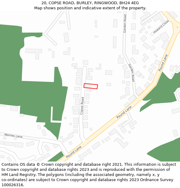 20, COPSE ROAD, BURLEY, RINGWOOD, BH24 4EG: Location map and indicative extent of plot