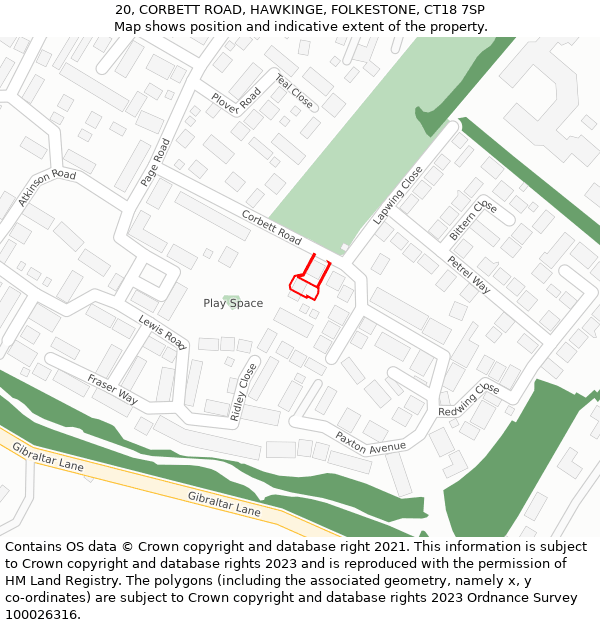 20, CORBETT ROAD, HAWKINGE, FOLKESTONE, CT18 7SP: Location map and indicative extent of plot