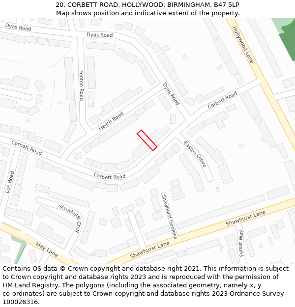 20, CORBETT ROAD, HOLLYWOOD, BIRMINGHAM, B47 5LP: Location map and indicative extent of plot