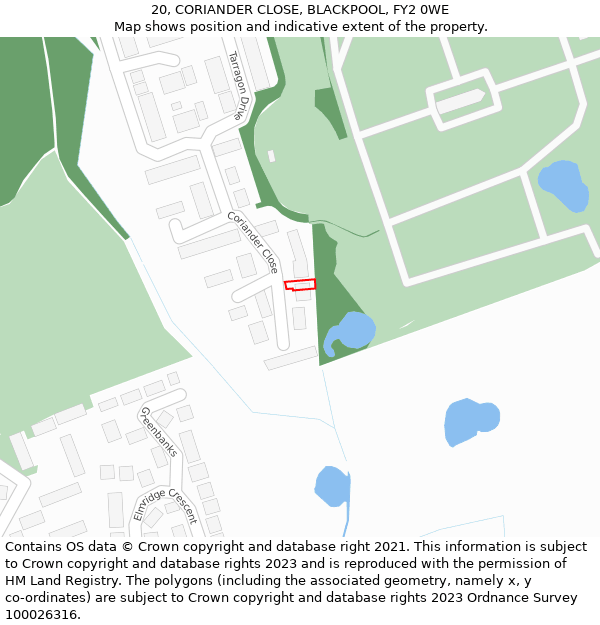 20, CORIANDER CLOSE, BLACKPOOL, FY2 0WE: Location map and indicative extent of plot